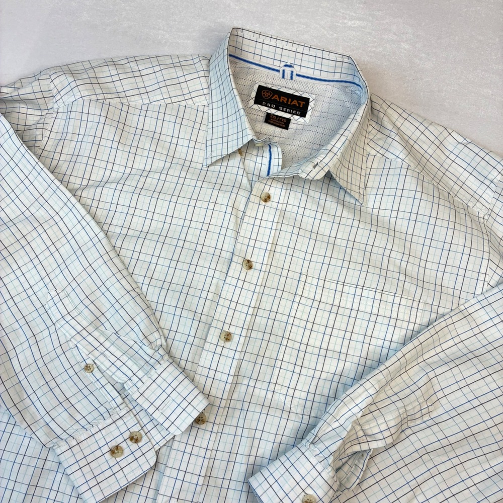 Ariat Pro Series Shirt Mens XXL White Blue Grid Long Sleeve Button Down Western